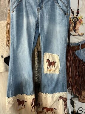 Upcycled Light Blue Flare Jeans with Horse Patch & Lace Trim